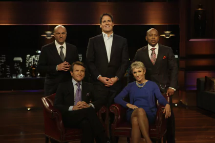 HD desktop wallpaper of five individuals from Shark Tank against a backdrop of city lights, posing confidently.