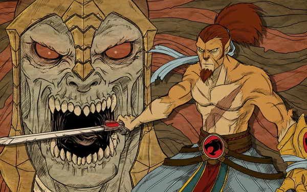 HD PC desktop wallpaper featuring a fierce scene from the 1985 TV show Thundercats, showcasing a warrior confronting a monstrous stone face.