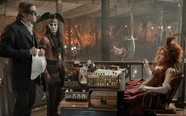 Scene from The Lone Ranger movie featuring Johnny Depp as Tonto, Helena Bonham Carter, and Armie Hammer in a dramatic, dimly lit room with vintage decor.