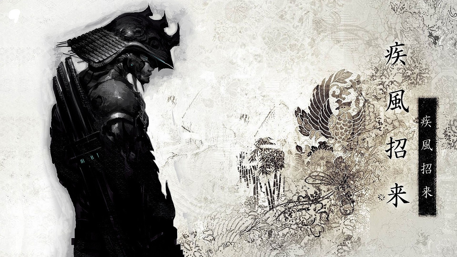 HD fantasy wallpaper depicting a samurai in traditional armor, set against a decorative, intricate background with Asian-inspired art and calligraphy.