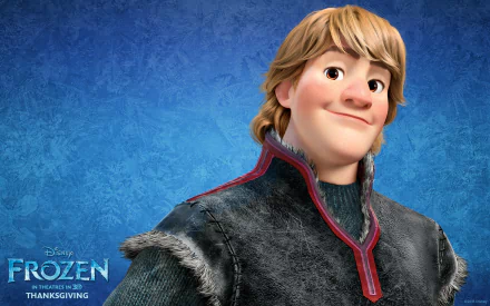 HD PC desktop wallpaper featuring Kristoff from the Frozen movie, set against a textured blue background with the Frozen logo in the corner.