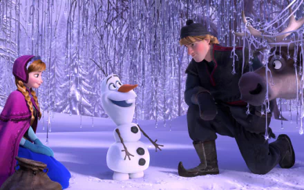HD wallpaper featuring Anna, Kristoff, Olaf, and Sven from Disney's Frozen in a snowy forest setting.
