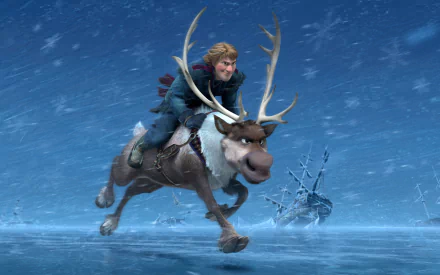 Kristoff rides Sven in a snowy landscape from the movie Frozen. The scene captures their adventurous spirit against a backdrop of icy elements. A vibrant HD wallpaper for fans.