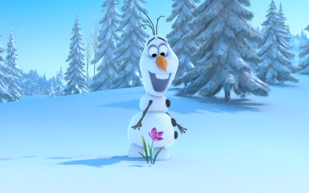 HD wallpaper featuring Olaf from Disney's Frozen, standing in a snowy forest with a delighted expression, admiring a blooming flower.