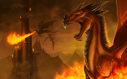 HD desktop wallpaper featuring a dragon breathing fire near a castle amid a mountainous landscape, encapsulating a vivid fantasy theme.
