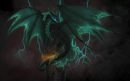HD desktop wallpaper depicting a menacing green dragon with glowing eyes and electric surges, perched atop a stone structure, set against a dark, misty background.