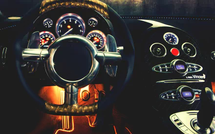 HD desktop wallpaper of the interior and steering wheel of a Bugatti Veyron with illuminated gauges and luxurious finishes.