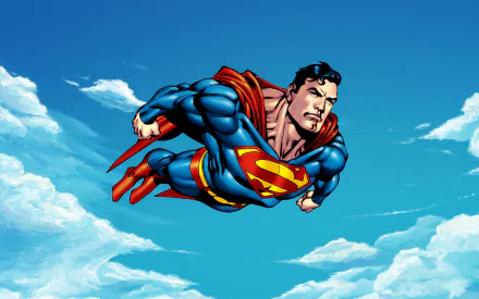 HD desktop wallpaper featuring Superman flying against a blue sky with clouds.