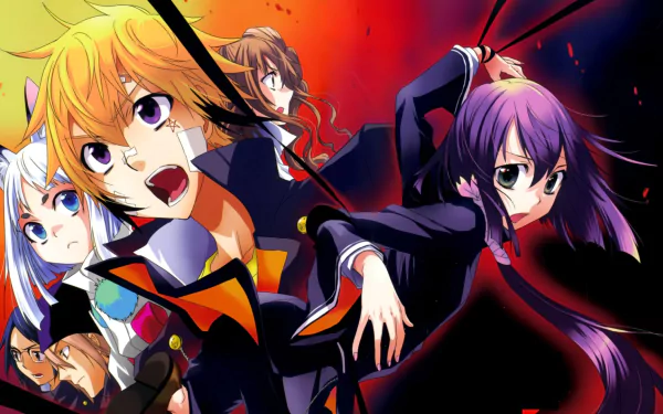 Anime Tokyo Ravens HD PC desktop wallpaper: several characters in dynamic poses with a purple-haired girl reaching forward against a fiery red-black background.