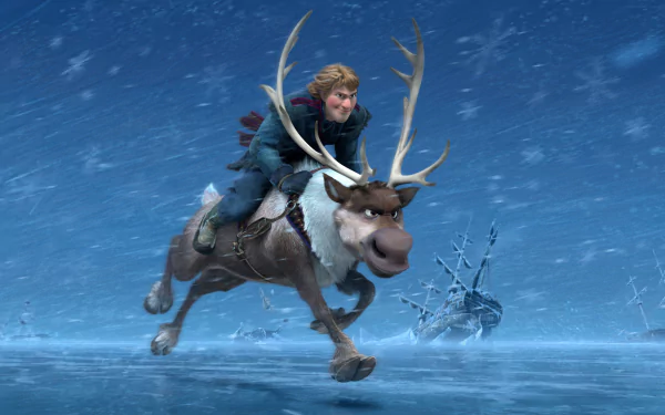 Kristoff rides Sven in a snowy landscape from the movie Frozen. The scene captures their adventurous spirit against a backdrop of icy elements. A vibrant HD wallpaper for fans.