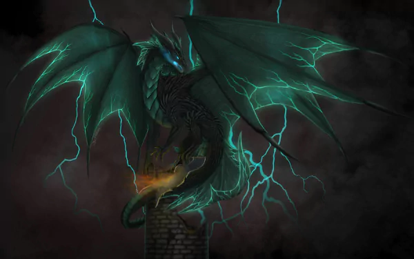 HD desktop wallpaper depicting a menacing green dragon with glowing eyes and electric surges, perched atop a stone structure, set against a dark, misty background.