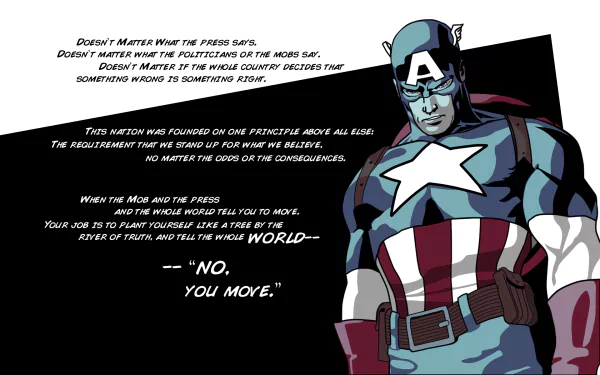 A dynamic HD wallpaper featuring Captain America from the comic Civil War, showcasing a powerful quote about integrity and resistance against injustice.
