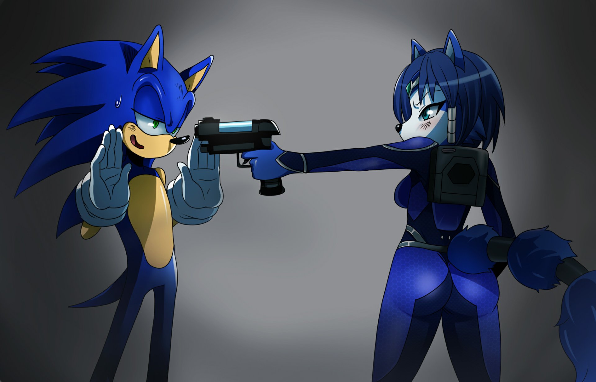 HD PC wallpaper featuring Sonic the Hedgehog and Krystal from Star Fox in a dramatic crossover scene, both characters aiming guns at each other.