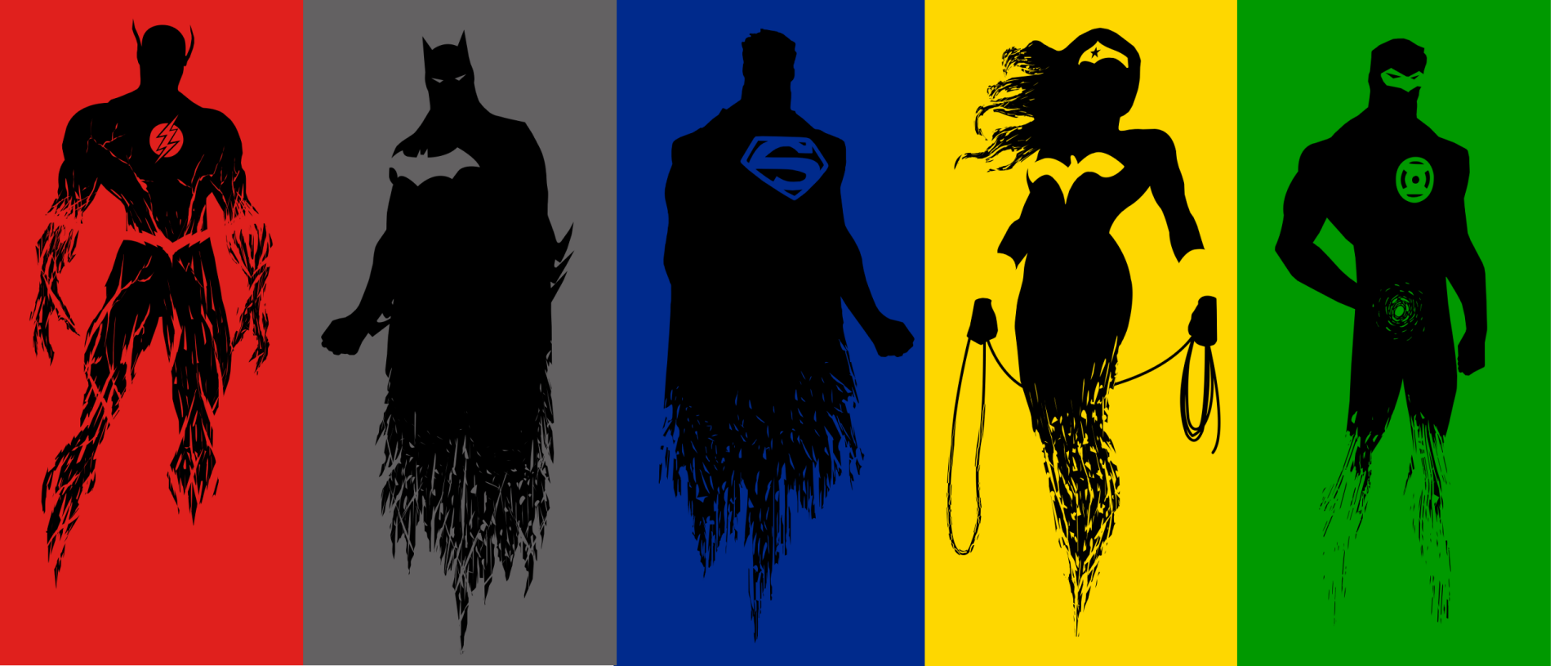Minimalist comic-style HD desktop wallpaper featuring silhouetted superheroes against bold, colorful backgrounds in a sleek, modern design.