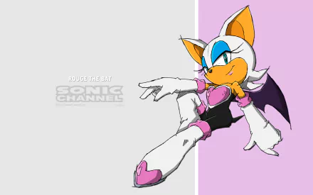 HD PC desktop wallpaper featuring Rouge the Bat from the Sonic the Hedgehog video game series, posed confidently against a split pastel background.