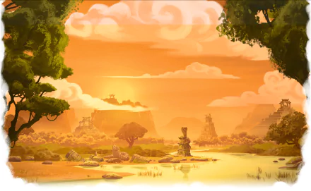 A vibrant HD wallpaper from Lego Ninjago: Masters Of Spinjitzu, featuring a serene sunset landscape with lush greenery and ancient stone structures by a calm river.