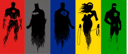 Minimalist comic-style HD desktop wallpaper featuring silhouetted superheroes against bold, colorful backgrounds in a sleek, modern design.