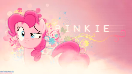 Vector art of Pinkie Pie from My Little Pony: Friendship Is Magic set against a soft pink background, designed as an HD PC desktop wallpaper.