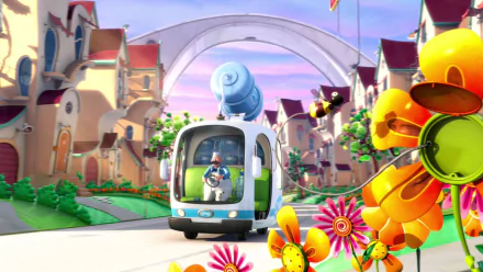 HD desktop wallpaper from the movie The Lorax, featuring a colorful town scene with a small futuristic vehicle, bright flowers, and whimsical architecture under a pastel sky.