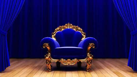 A luxurious blue chair with ornate golden details is centered against a rich blue backdrop, creating an elegant ambiance for an HD desktop wallpaper.