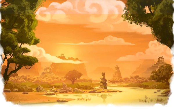 A vibrant HD wallpaper from Lego Ninjago: Masters Of Spinjitzu, featuring a serene sunset landscape with lush greenery and ancient stone structures by a calm river.