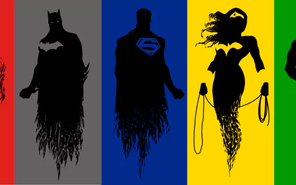 Minimalist comic-style HD desktop wallpaper featuring silhouetted superheroes against bold, colorful backgrounds in a sleek, modern design.