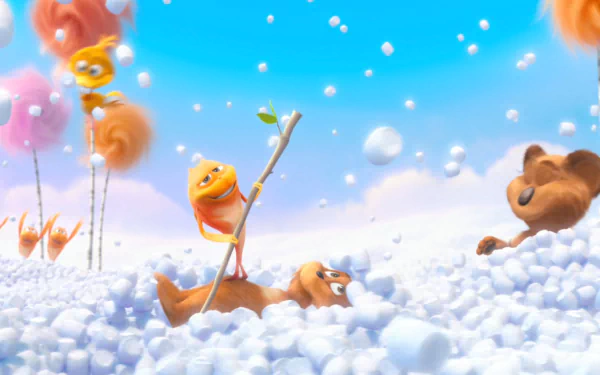 HD PC desktop wallpaper from the movie The Lorax, featuring colorful characters floating among fluffy white clouds under a bright blue sky.