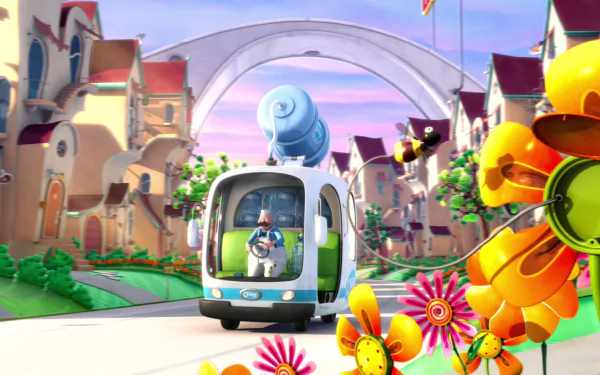 HD desktop wallpaper from the movie The Lorax, featuring a colorful town scene with a small futuristic vehicle, bright flowers, and whimsical architecture under a pastel sky.