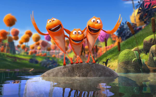 Movie The Lorax — 2K Quad HD PC desktop wallpaper and background: three grinning orange creatures on a rock in a vibrant Truffula-tree landscape, their reflections sparkling on the water.