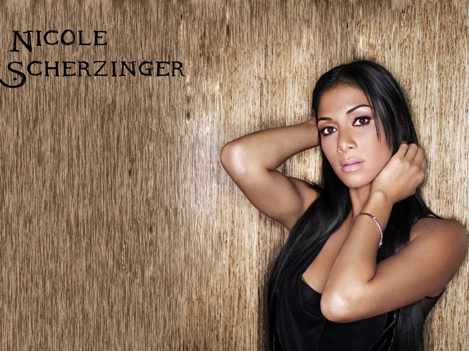 HD PC desktop wallpaper: portrait of a long-haired female singer posing against a textured wooden background, music-themed.