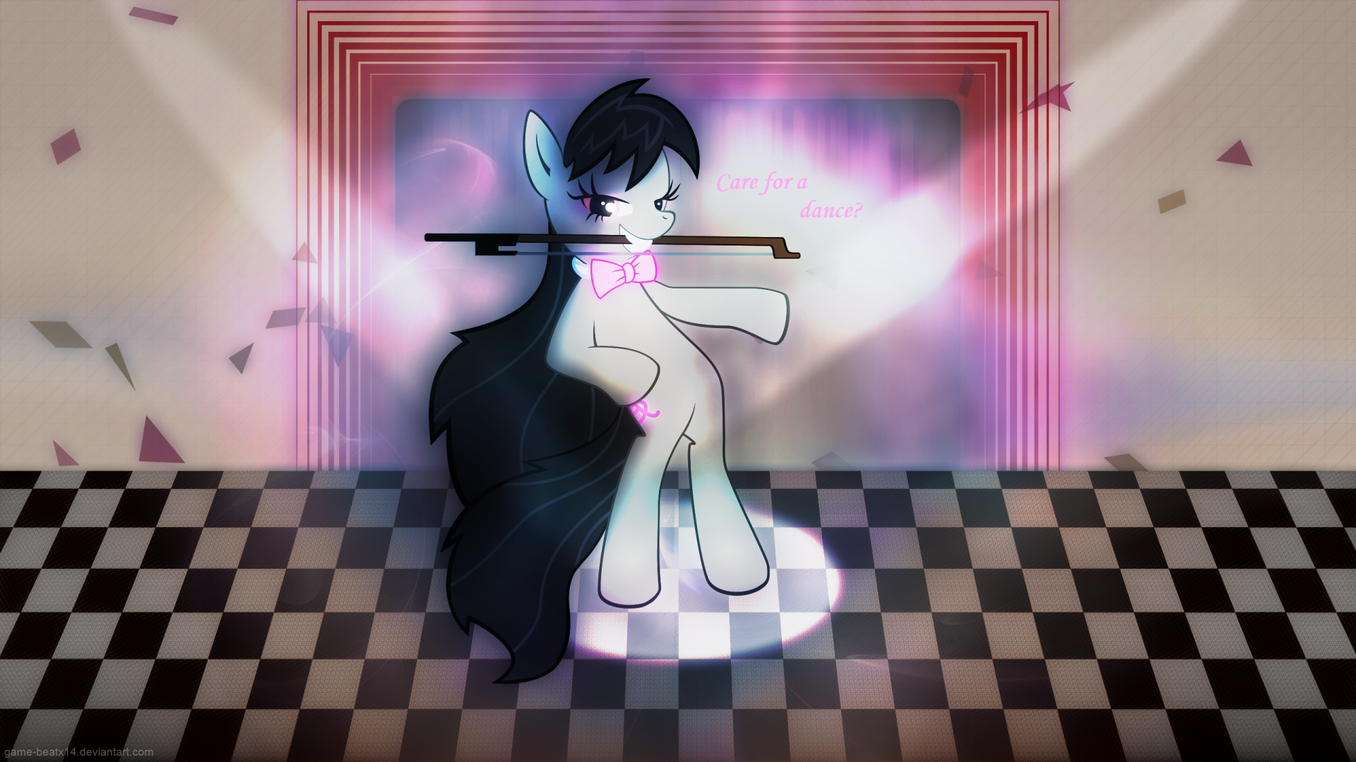 HD vector wallpaper of Octavia Melody from My Little Pony: Friendship Is Magic, featuring the character with a bow tie and violin bow on a checkered floor background.
