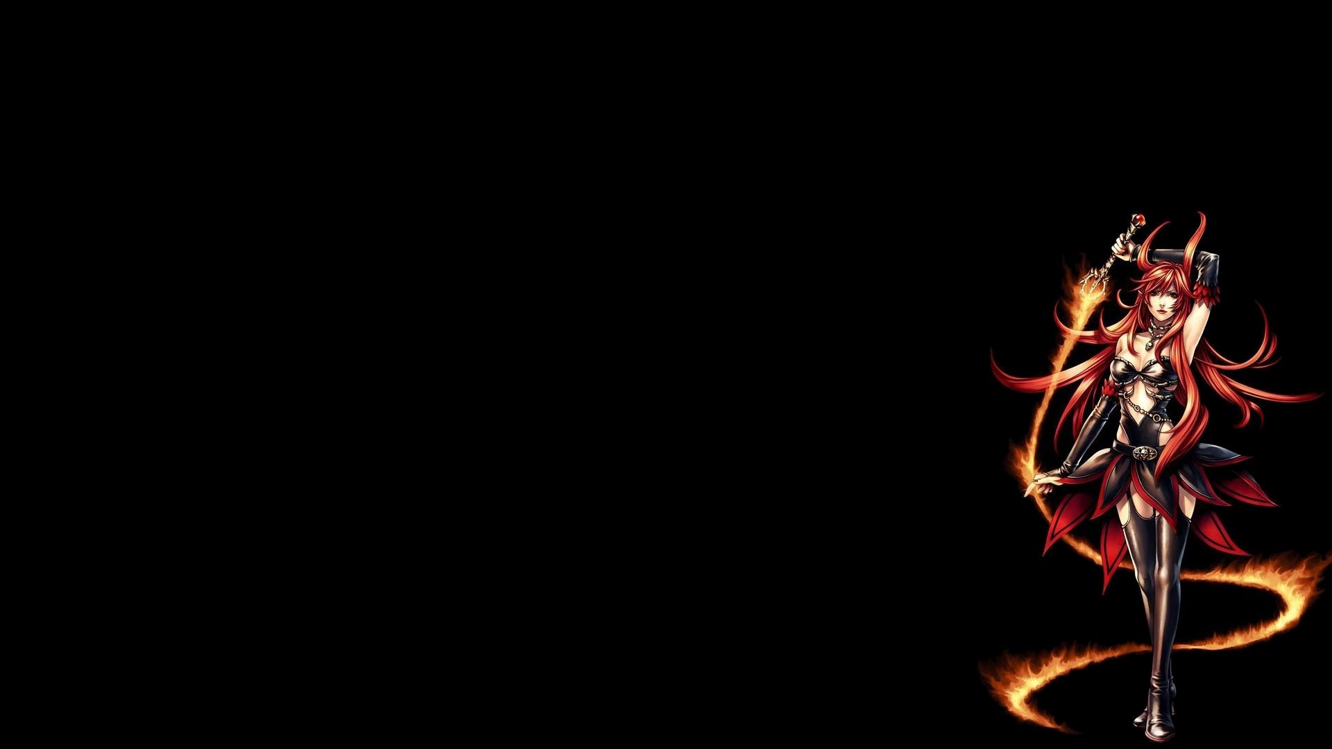 HD PC desktop wallpaper: fantasy woman warrior in red and black armor, summoning fiery magic, standing on the right against a solid black background.