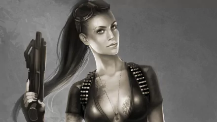 HD sci-fi desktop wallpaper of a woman warrior with goggles, a pistol, a facial scar, and visible tattoos, exuding strength and futuristic combat readiness.