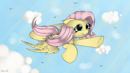 HD desktop wallpaper featuring Fluttershy from My Little Pony: Friendship Is Magic flying gracefully among clouds in a bright blue sky.