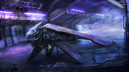 A sci-fi spaceship in a futuristic hangar illuminated by purple and blue lights, depicted in 4K Ultra HD as a PC desktop wallpaper and background.