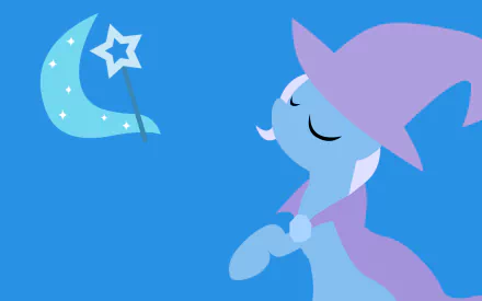 Minimalist vector HD wallpaper of Trixie from My Little Pony: Friendship Is Magic, featuring a blue background and magical starry elements.