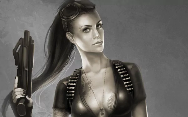 HD sci-fi desktop wallpaper of a woman warrior with goggles, a pistol, a facial scar, and visible tattoos, exuding strength and futuristic combat readiness.