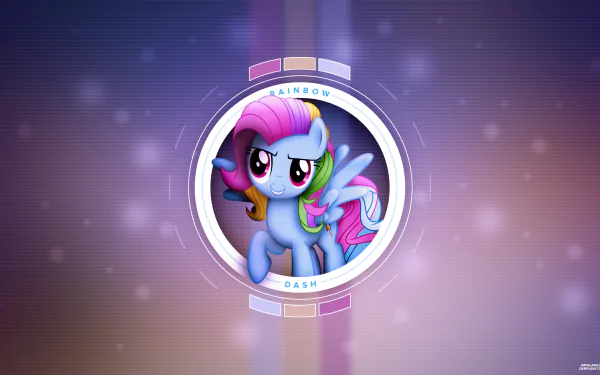 A vibrant HD wallpaper featuring Rainbow Dash from My Little Pony: Friendship Is Magic, showcasing her colorful mane against a stylish, blurred background.