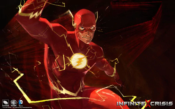 HD PC desktop wallpaper featuring Barry Allen as the Flash from the Infinite Crisis video game, depicted in dynamic motion with lightning effects.