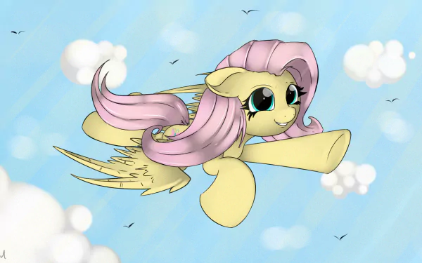 HD desktop wallpaper featuring Fluttershy from My Little Pony: Friendship Is Magic flying gracefully among clouds in a bright blue sky.