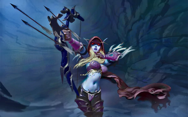 Sylvanas Windrunner stands poised with a bow, surrounded by an ethereal backdrop. This striking HD wallpaper captures the mystique of the iconic character from World of Warcraft.