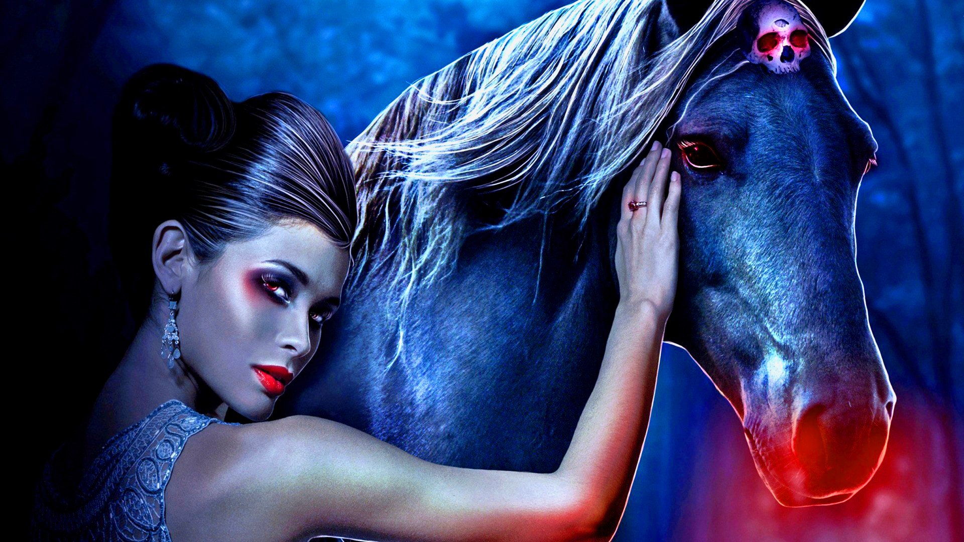 A dark fantasy scene featuring a woman with striking red makeup beside a mystical horse adorned with a skull, set against a vibrant, atmospheric background. HD PC desktop wallpaper.
