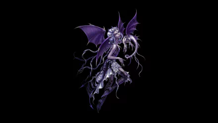 Dark-themed HD PC desktop wallpaper featuring a detailed succubus character with purple wings and intricate silver armor against a black background.