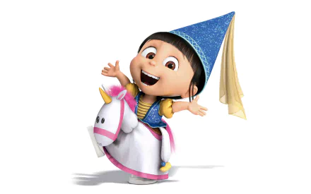 Agnes from Despicable Me 2 joyfully rides her unicorn, wearing a blue sparkling hat. This vibrant HD wallpaper captures her cheerful and playful spirit.