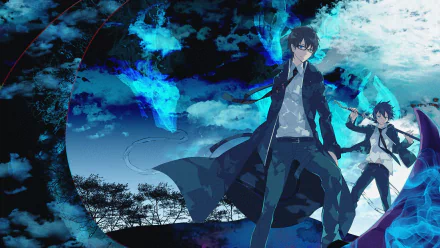 HD wallpaper of Blue Exorcist anime featuring two characters in dark attire surrounded by a mystical blue flame, set against a dramatic night sky with clouds and silhouettes of trees in the background.
