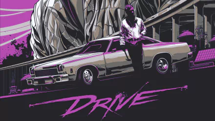 HD PC desktop wallpaper featuring stylized artwork from the movie Drive (2011), showing a character leaning against a classic car with a purple and black color scheme.