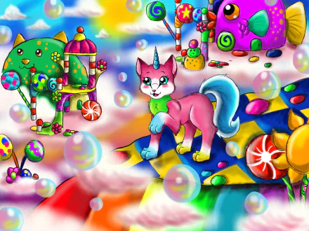 HD PC desktop wallpaper featuring a colorful Lego-style unicorn cat inspired by Unikitty from The Lego Movie, surrounded by vibrant candy and bubbles.