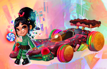 Vanellope von Schweetz from Wreck-It Ralph stands next to her colorful candy-themed kart with lollipop details in this HD PC desktop wallpaper background.
