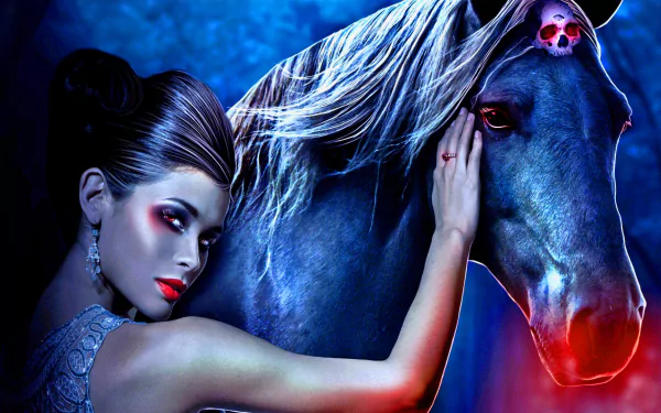A dark fantasy scene featuring a woman with striking red makeup beside a mystical horse adorned with a skull, set against a vibrant, atmospheric background. HD PC desktop wallpaper.