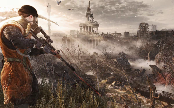 4K Ultra HD PC wallpaper from the video game Metro: Last Light, depicting a sniper overlooking a post-apocalyptic cityscape with ruined buildings and a smoky sky.